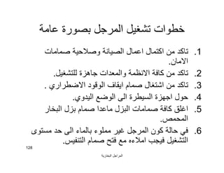 ‫اﻟﺒﺨﺎرﯾﺔ‬ ‫اﻟﻤﺮاﺟﻞ‬
128
‫ﻋﺎﻣﺔ‬ ‫ﺑﺼﻮرة‬ ‫اﻟﻤﺮﺟﻞ‬ ‫ﺗﺸﻐﯿﻞ‬ ‫ﺧﻄﻮات‬
.1‫ﺻﻤﺎﻣﺎت‬ ‫وﺻﻼﺣﯿﺔ‬ ‫اﻟﺼﯿﺎﻧﺔ‬ ‫اﻋﻤﺎل‬ ‫اﻛﺘﻤﺎل‬ ‫ﻣﻦ‬ ‫ﺗﺎﻛﺪ‬
‫اﻻﻣﺎن‬.
.2‫ﻟﻠﺘﺸﻐﯿﻞ‬ ‫ﺟﺎھﺰة‬ ‫واﻟﻤﻌﺪات‬ ‫اﻻﻧﻈﻤﺔ‬ ‫ﻛﺎﻓﺔ‬ ‫ﻣﻦ‬ ‫ﺗﺎﻛﺪ‬.
.3‫اﻻﺿﻄﺮاري‬ ‫اﻟﻮﻗﻮد‬ ‫اﯾﻘﺎف‬ ‫ﺻﻤﺎم‬ ‫اﺷﺘﻐﺎل‬ ‫ﻣﻦ‬ ‫ﺗﺎﻛﺪ‬.
.4‫اﻟﯿﺪوي‬ ‫اﻟﻮﺿﻊ‬ ‫اﻟﻰ‬ ‫اﻟﺴﯿﻄﺮة‬ ‫اﺟﮭﺰة‬ ‫ﺣﻮل‬.
.5‫اﻟﺒﺨﺎر‬ ‫ﺑﺰل‬ ‫ﺻﻤﺎم‬ ‫ﻣﺎﻋﺪا‬ ‫اﻟﺒﺰل‬ ‫ﺻﻤﺎﻣﺎت‬ ‫ﻛﺎﻓﺔ‬ ‫اﻏﻠﻖ‬
‫اﻟﻤﺤﻤﺺ‬.
.6‫ﻣﺴﺘﻮى‬ ‫ﺣﺪ‬ ‫اﻟﻰ‬ ‫ﺑﺎﻟﻤﺎء‬ ‫ﻣﻤﻠﻮء‬ ‫ﻏﯿﺮ‬ ‫اﻟﻤﺮﺟﻞ‬ ‫ﻛﻮن‬ ‫ﺣﺎﻟﺔ‬ ‫ﻓﻲ‬
‫اﻟﺘﻨﻔﯿﺲ‬ ‫ﺻﻤﺎم‬ ‫ﻓﺘﺢ‬ ‫ﻣﻊ‬ ‫اﻣﻼءه‬ ‫ﻓﯿﺠﺐ‬ ‫اﻟﺘﺸﻐﯿﻞ‬.
 