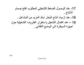 ‫اﻟﺒﺨﺎرﯾﺔ‬ ‫اﻟﻤﺮاﺟﻞ‬
131
17-‫ﺻﻤﺎم‬ ‫اﻓﺘﺢ‬ ‫اﻟﻤﻄﻠﻮب‬ ‫اﻟﺘﺸﻐﯿﻠﻲ‬ ‫اﻟﻀﻐﻂ‬ ‫اﻟﻮﺻﻮل‬ ‫ﻋﻨﺪ‬
‫اﻻﻧﺘﺎج‬.
18-‫اﻟﻤﺸﺎﻋﻞ‬ ‫ﻣﻦ‬ ‫اﻟﻤﺰﯾﺪ‬ ‫اوﻗﺪ‬ ‫اﻟﺒﺨﺎر‬ ‫اﻧﺘﺎج‬ ‫ازدﯾﺎد‬ ‫ﻋﻨﺪ‬.
19–‫ﺣﻮل‬ ‫اﻟﺘﺸﻐﯿﻠﯿﺔ‬ ‫اﻟﻈﺮوف‬ ‫واﺳﺘﻘﺮار‬ ‫اﻟﺘﺸﻐﯿﻞ‬ ‫اﻛﺘﻤﺎل‬ ‫ﻋﻨﺪ‬
‫اﻟﺘﻠﻘﺎﺋﻲ‬ ‫اﻟﻮﺿﻊ‬ ‫اﻟﻰ‬ ‫اﻟﺴﯿﻄﺮة‬ ‫اﺟﮭﺰة‬.
 