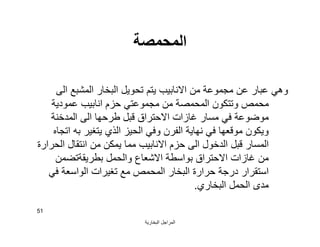 ‫اﻟﺒﺨﺎرﯾﺔ‬ ‫اﻟﻤﺮاﺟﻞ‬
51
‫اﻟﻤﺤﻤﺼﺔ‬
‫اﻟﻰ‬ ‫اﻟﻤﺸﺒﻊ‬ ‫اﻟﺒﺨﺎر‬ ‫ﺗﺤﻮﯾﻞ‬ ‫ﯾﺘﻢ‬ ‫اﻻﻧﺎﺑﯿﺐ‬ ‫ﻣﻦ‬ ‫ﻣﺠﻤﻮﻋﺔ‬ ‫ﻋﻦ‬ ‫ﻋﺒﺎر‬ ‫وھﻲ‬
‫ﻋﻤﻮدﯾﺔ‬ ‫اﻧﺎﺑﯿﺐ‬ ‫ﺣﺰم‬ ‫ﻣﺠﻤﻮﻋﺘﻲ‬ ‫ﻣﻦ‬ ‫اﻟﻤﺤﻤﺼﺔ‬ ‫وﺗﺘﻜﻮن‬ ‫ﻣﺤﻤﺺ‬
‫اﻟﻤﺪﺧﻨﺔ‬ ‫اﻟﻰ‬ ‫ﻃﺮﺣﮭﺎ‬ ‫ﻗﺒﻞ‬ ‫اﻻﺣﺘﺮاق‬ ‫ﻏﺎزات‬ ‫ﻣﺴﺎر‬ ‫ﻓﻲ‬ ‫ﻣﻮﺿﻮﻋﺔ‬
‫اﺗﺠﺎه‬ ‫ﺑﮫ‬ ‫ﯾﺘﻐﯿﺮ‬ ‫اﻟﺬي‬ ‫اﻟﺤﯿﺰ‬ ‫وﻓﻲ‬ ‫اﻟﻔﺮن‬ ‫ﻧﮭﺎﯾﺔ‬ ‫ﻓﻲ‬ ‫ﻣﻮﻗﻌﮭﺎ‬ ‫وﯾﻜﻮن‬
‫اﻟﺤﺮارة‬ ‫اﻧﺘﻘﺎل‬ ‫ﻣﻦ‬ ‫ﯾﻤﻜﻦ‬ ‫ﻣﻤﺎ‬ ‫اﻻﻧﺎﺑﯿﺐ‬ ‫ﺣﺰم‬ ‫اﻟﻰ‬ ‫اﻟﺪﺧﻮل‬ ‫ﻗﺒﻞ‬ ‫اﻟﻤﺴﺎر‬
‫ﺑﻄﺮﯾﻘﺔﺗﻀﻤﻦ‬ ‫واﻟﺤﻤﻞ‬ ‫اﻻﺷﻌﺎع‬ ‫ﺑﻮاﺳﻄﺔ‬ ‫اﻻﺣﺘﺮاق‬ ‫ﻏﺎزات‬ ‫ﻣﻦ‬
‫ﻓﻲ‬ ‫اﻟﻮاﺳﻌﺔ‬ ‫ﺗﻐﯿﺮات‬ ‫ﻣﻊ‬ ‫اﻟﻤﺤﻤﺺ‬ ‫اﻟﺒﺨﺎر‬ ‫ﺣﺮارة‬ ‫درﺟﺔ‬ ‫اﺳﺘﻘﺮار‬
‫اﻟﺒﺨﺎري‬ ‫اﻟﺤﻤﻞ‬ ‫ﻣﺪى‬.
 