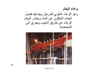 ‫اﻟﺒﺨﺎرﯾﺔ‬ ‫اﻟﻤﺮاﺟﻞ‬
53
‫اﻟﺒﺨﺎر‬ ‫وﻋﺎء‬
‫ﻓﺼﻞ‬ ‫ﻓﯿﮫ‬ ‫وﯾﺘﻢ‬ ‫ﻟﻠﻤﺮﺟﻞ‬ ‫اﻟﻌﻠﻮي‬ ‫اﻟﻮﻋﺎء‬ ‫وھﻮ‬
‫اﻟﺒﺨﺎر‬ ‫وﯾﻐﺎدر‬ ‫اﻟﻤﺎء‬ ‫ﻋﻦ‬ ‫اﻟﻤﺘﻜﻮن‬ ‫اﻟﺒﺨﺎء‬
‫اﻟﻰ‬ ‫وﯾﺠﺮي‬ ‫اﻧﺎﺑﯿﺐ‬ ‫ﻃﺮﯾﻖ‬ ‫ﻋﻦ‬ ‫اﻟﻮﻋﺎء‬
‫اﻟﻤﺤﻤﺼﺔ‬.
 