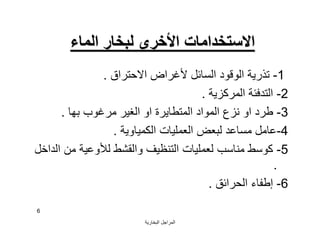 ‫اﻟﺒﺨﺎرﯾﺔ‬ ‫اﻟﻤﺮاﺟﻞ‬
6
‫اﻟﻤﺎء‬ ‫ﻟﺒﺨﺎر‬ ‫اﻷﺧﺮى‬ ‫اﻻﺳﺘﺨﺪاﻣﺎت‬‫اﻟﻤﺎء‬ ‫ﻟﺒﺨﺎر‬ ‫اﻷﺧﺮى‬ ‫اﻻﺳﺘﺨﺪاﻣﺎت‬
1-‫اﻻﺣﺘﺮاق‬ ‫ﻷﻏﺮاض‬ ‫اﻟﺴﺎﺋﻞ‬ ‫اﻟﻮﻗﻮد‬ ‫ﺗﺬرﯾﺔ‬.
2-‫اﻟﻤﺮﻛﺰﯾﺔ‬ ‫اﻟﺘﺪﻓﺌﺔ‬.
3-‫ﺑﮭﺎ‬ ‫ﻣﺮﻏﻮب‬ ‫اﻟﻐﯿﺮ‬ ‫او‬ ‫اﻟﻤﺘﻄﺎﯾﺮة‬ ‫اﻟﻤﻮاد‬ ‫ﻧﺰع‬ ‫او‬ ‫ﻃﺮد‬.
4-‫اﻟﻜﻤﯿﺎوﯾﺔ‬ ‫اﻟﻌﻤﻠﯿﺎت‬ ‫ﻟﺒﻌﺾ‬ ‫ﻣﺴﺎﻋﺪ‬ ‫ﻋﺎﻣﻞ‬.
5-‫اﻟﺪاﺧﻞ‬ ‫ﻣﻦ‬ ‫ﻟﻸوﻋﯿﺔ‬ ‫واﻟﻘﺸﻂ‬ ‫اﻟﺘﻨﻈﯿﻒ‬ ‫ﻟﻌﻤﻠﯿﺎت‬ ‫ﻣﻨﺎﺳﺐ‬ ‫ﻛﻮﺳﻂ‬
.
6-‫اﻟﺤﺮاﺋﻖ‬ ‫إﻃﻔﺎء‬.
 