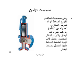 ‫اﻟﺒﺨﺎرﯾﺔ‬ ‫اﻟﻤﺮاﺟﻞ‬
65
‫اﻷﻣﺎن‬ ‫ﺻﻤﺎﻣﺎت‬
•‫ﺗﺴﺘﺨﺪم‬ ‫ﺻﻤﺎﻣﺎت‬ ‫وھﻲ‬
‫اﻟﺰاﺋﺪ‬ ‫اﻟﻀﻐﻂ‬ ‫ﻟﺘﻔﺮﯾﻎ‬
‫اﻟﺒﺨﺎري‬ ‫ﻟﻠﻤﺮﺟﻞ‬
‫اﻻﻧﻔﺠﺎر‬ ‫ﻣﻦ‬ ‫ﻟﺤﻤﺎﯾﺘﮫ‬
‫وﻋﺎء‬ ‫ﻋﻠﻰ‬ ‫وﺗﺮﻛﺐ‬
‫اﻟﺒﺨﺎر‬ ‫واﻧﺒﻮب‬ ‫اﻟﺒﺨﺎر‬
‫ذاﺗﯿﺎ‬ ‫وﺗﻌﻤﻞ‬ ‫اﻟﻤﺤﻤﺺ‬
‫اﻟﻤﺴﻠﻂ‬ ‫ﻟﻠﻀﻐﻂ‬ ‫ﻧﺘﯿﺠﺔ‬
‫ﺑﻀﻐﻂ‬ ‫اﻟﻤﺘﻤﺜﻞ‬ ‫ﻋﻠﯿﮭﺎ‬
‫اﻟﺒﺨﺎر‬.
 
