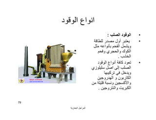 ‫اﻟﺒﺨﺎرﯾﺔ‬ ‫اﻟﻤﺮاﺟﻞ‬
79
‫اﻟﻮﻗﻮد‬ ‫اﻧﻮاع‬
•‫اﻟﺼﻠﺐ‬ ‫اﻟﻮﻗﻮد‬:
•‫ﻟﻠﻄﺎﻗﺔ‬ ‫ﻣﺼﺪر‬ ‫أول‬ ‫ﯾﻌﺘﺒﺮ‬
‫ﻣﺜﻞ‬ ‫ﺑﺄﻧﻮاﻋﮫ‬ ‫اﻟﻔﺤﻢ‬ ‫وﯾﺸﻤﻞ‬
‫وﻓﺤﻢ‬ ‫واﻟﺤﺠﺮي‬ ‫اﻟﻜﻮك‬
‫اﻟﺨﺸﺐ‬.
•‫اﻟﻮﻗﻮد‬ ‫أﻧﻮاع‬ ‫ﻛﺎﻓﺔ‬ ‫ﺗﻌﻮد‬
‫ﺳﻠﯿﻠﻮزي‬ ‫اﺻﻞ‬ ‫إﻟﻰ‬ ‫اﻟﺼﻠﺐ‬
‫ﺗﺮﻛﯿﺒﮭﺎ‬ ‫ﻓﻲ‬ ‫وﯾﺪﺧﻞ‬
‫اﻟﮭﺪروﺟﯿﻦ‬ ‫و‬ ‫اﻟﻜﺎرﺑﻮن‬
‫ﻣﻦ‬ ‫ﻗﻠﯿﻠﺔ‬ ‫وﻧﺴﺒﺔ‬ ‫واﻷﻛﺴﺠﯿﻦ‬
‫واﻟﻨﺘﺮوﺟﯿﻦ‬ ‫اﻟﻜﺒﺮﯾﺖ‬.
 