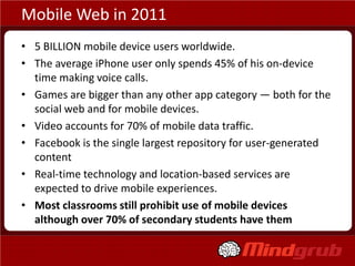 Mobile Web in 2011
• 5 BILLION mobile device users worldwide.
• The average iPhone user only spends 45% of his on-device
  time making voice calls.
• Games are bigger than any other app category — both for the
  social web and for mobile devices.
• Video accounts for 70% of mobile data traffic.
• Facebook is the single largest repository for user-generated
  content
• Real-time technology and location-based services are
  expected to drive mobile experiences.
• Most classrooms still prohibit use of mobile devices
  although over 70% of secondary students have them
 