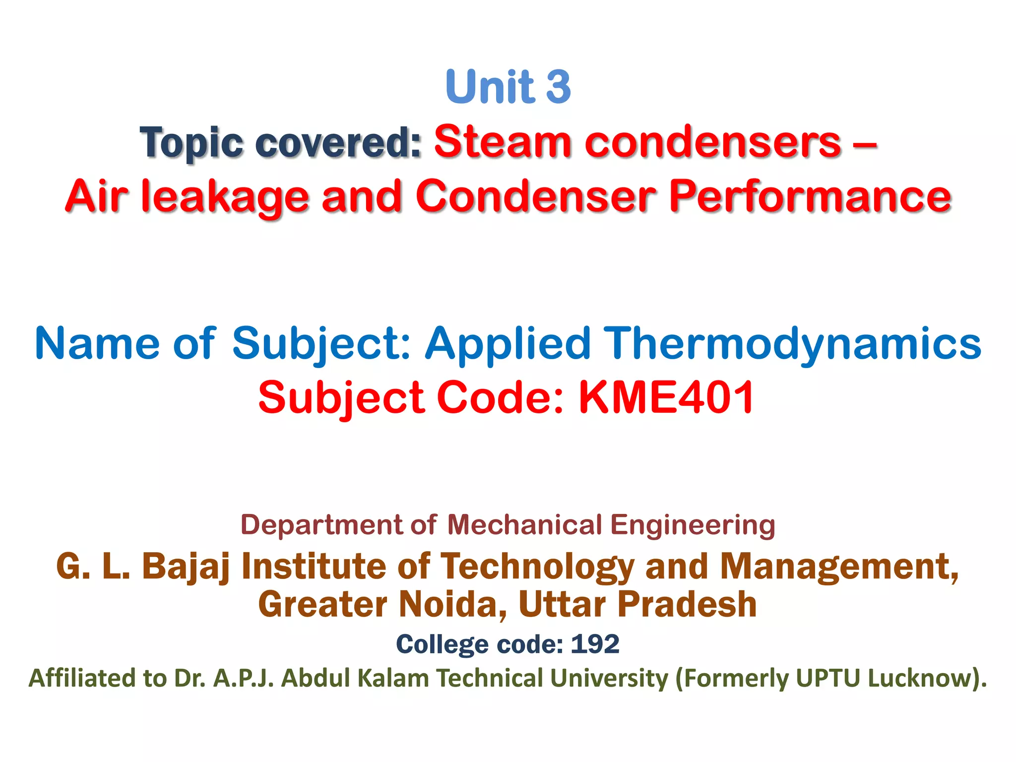 Steam condensers Part 5 (Air leakage and Condenser Performance) PPT