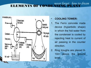 ELEMENTS OF CONDENSING PLANT
• COOLING TOWER:
1. The Ferro concrete made
device (hyperbolic shape)
in which the hot water from
the condenser is cooled by
rejecting heat to current of
air passing in the counter
direction.
2. Ring troughs are placed 8-
10m above the ground
level.
 