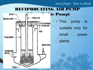 RECIPROCATING AIR PUMP
(Edward’s Air Pump)
• This pump is
suitable only for
small power
plants.
 
