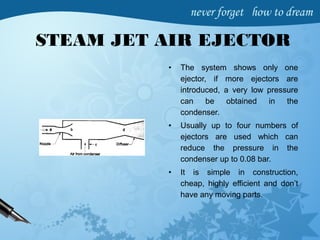 STEAM JET AIR EJECTOR
• The system shows only one
ejector, if more ejectors are
introduced, a very low pressure
can be obtained in the
condenser.
• Usually up to four numbers of
ejectors are used which can
reduce the pressure in the
condenser up to 0.08 bar.
• It is simple in construction,
cheap, highly efficient and don’t
have any moving parts.
 