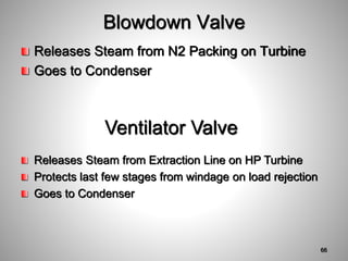 Blowdown Valve
Releases Steam from N2 Packing on Turbine
Goes to Condenser
Ventilator Valve
Releases Steam from Extraction Line on HP Turbine
Protects last few stages from windage on load rejection
Goes to Condenser
66
 