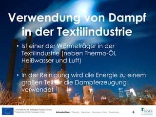 Co-funded by the Intelligent Energy Europe
Programme of the European Union 4Introduction - Theory - Exercises - Business Case - Summary
Verwendung von Dampf
in der Textilindustrie
• Ist einer der Wärmeträger in der
Textilindustrie (neben Thermo-Öl,
Heißwasser und Luft)
• In der Reinigung wird die Energie zu einem
großen Teil für die Dampferzeugung
verwendet
 