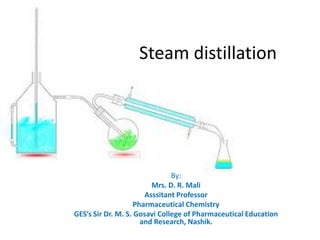 Steam distillation
By:
Mrs. D. R. Mali
Asssitant Professor
Pharmaceutical Chemistry
GES’s Sir Dr. M. S. Gosavi College of Pharmaceutical Education
and Research, Nashik.
 