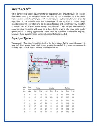 HOW TO SPECIFY
When considering ejector equipment for an application. one should include all possible
information relating to the performance required by the equipment. It is important,
therefore, to mention here the type of information required by the manufacturers of ejector
equipment. If the manufacturer has knowledge of the application, many design
considerations will be evident and so it is advantageous and sometimes very important
to reveal the application when writing specifications. The sample questionnaires
accompanying this article will serve as a check list to anyone who must write ejector
specifications. In many applications there may be additional information required;
however, these questionnaires concern the essential data needed.
Capacity of Ejectors
The capacity of an ejector is determined by its dimensions. By the required capacity is
very high then two or three ejectors are working in parallel. If greater compression is
required, two or more ejectors will be arranged in series.
 