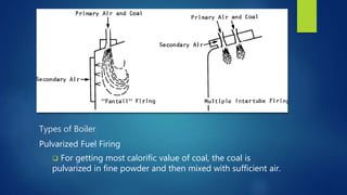 Types of Boiler
Pulvarized Fuel Firing
 For getting most calorific value of coal, the coal is
pulvarized in fine powder and then mixed with sufficient air.
 
