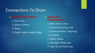 Connections To Drum
 MAIN CONNECTIONS
1. Feed Lines
2. Down Comers
3. Risers
4. Super heater supply tubes
 AUXILLARY
CONNECTIONS
1. Blow Down Lines
2. Chemical Dosing Lines
3. Instrumentation Tappings
4. Air Vents
5. Safety valves
6. Nitrogen Filling Line
7. High & Low level trips
 