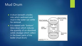 Mud Drum
 A drum beneath a boiler,
into which sediment and
mud in the water can settle
for removal.
 It is related with “bottom”
blow down which reduces
the quantity of un-dissolved
solids (sludge) which collect
in the lower parts of the
boiler (mud drum)
 