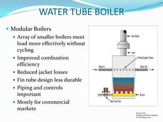 WATER TUBE BOILER
 Modular Boilers
 Array of smaller boilers meet
load more effectively without
cycling
 Improved combu...