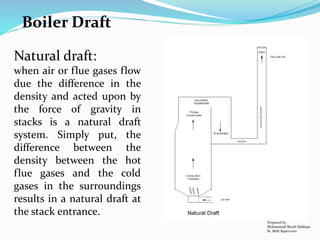 Natural draft:
when air or flue gases flow
due the difference in the
density and acted upon by
the force of gravity in
stacks is a natural draft
system. Simply put, the
difference between the
density between the hot
flue gases and the cold
gases in the surroundings
results in a natural draft at
the stack entrance.
Boiler Draft
Prepared by:
Mohammad Shoeb Siddiqui
Sr. Shift Supervisor
 