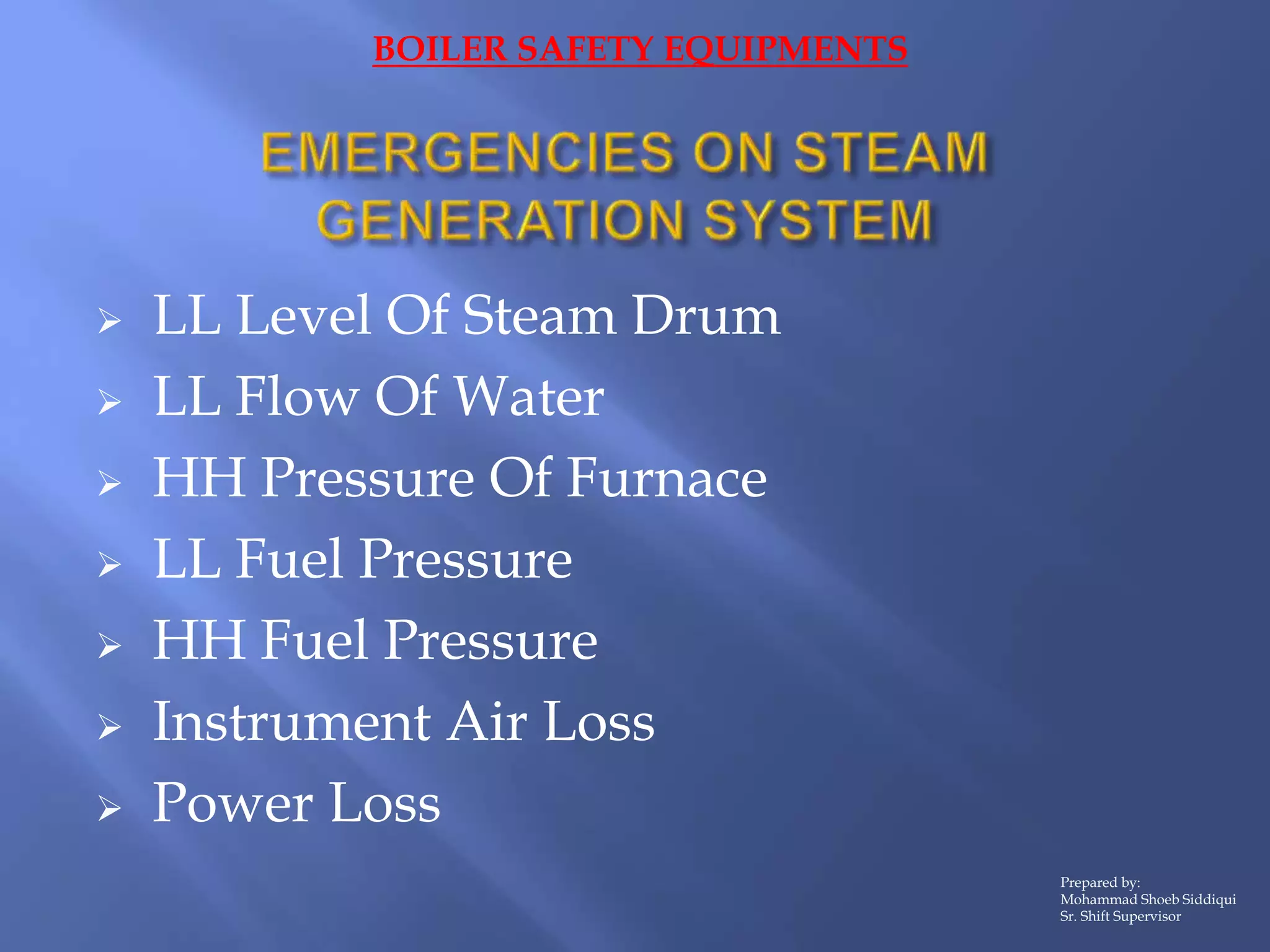  LL Level Of Steam Drum
 LL Flow Of Water
 HH Pressure Of Furnace
 LL Fuel Pressure
 HH Fuel Pressure
 Instrument Air Loss
 Power Loss
Prepared by:
Mohammad Shoeb Siddiqui
Sr. Shift Supervisor
BOILER SAFETY EQUIPMENTS
 