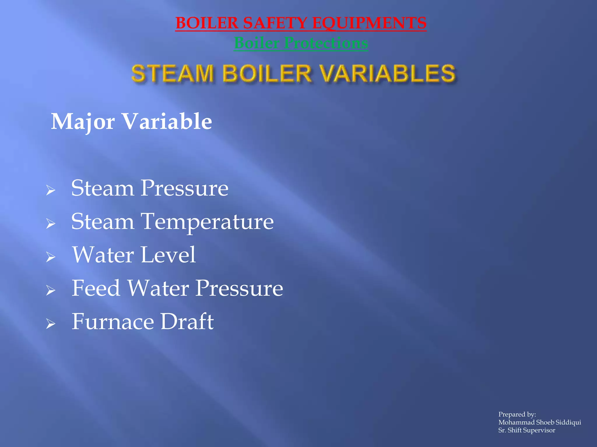 Major Variable
 Steam Pressure
 Steam Temperature
 Water Level
 Feed Water Pressure
 Furnace Draft
Prepared by:
Mohammad Shoeb Siddiqui
Sr. Shift Supervisor
BOILER SAFETY EQUIPMENTS
Boiler Protections
 