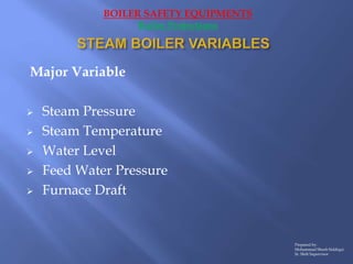 Major Variable
 Steam Pressure
 Steam Temperature
 Water Level
 Feed Water Pressure
 Furnace Draft
Prepared by:
Moham...