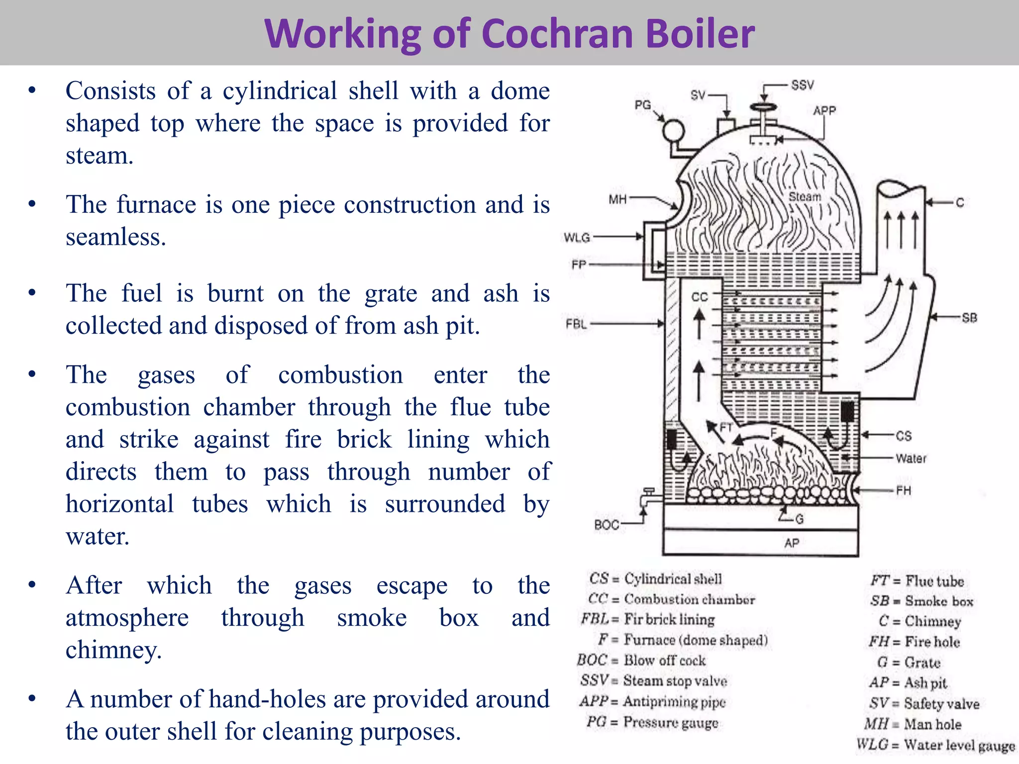 15
Working of Cochran Boiler
• The fuel is burnt on the grate and ash is
collected and disposed of from ash pit.
• The gases of combustion enter the
combustion chamber through the flue tube
and strike against fire brick lining which
directs them to pass through number of
horizontal tubes which is surrounded by
water.
• After which the gases escape to the
atmosphere through smoke box and
chimney.
• A number of hand-holes are provided around
the outer shell for cleaning purposes.
• Consists of a cylindrical shell with a dome
shaped top where the space is provided for
steam.
• The furnace is one piece construction and is
seamless.
 