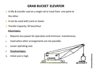 GRAB BUCKET ELEVATOR
 It lifts & transfer coal on a single rail or track from one point to
the other.
 It can be used with crane or tower.
 Transfer Capacity: 50 tons/hour
Advantages:
1. Requires less power for operation and minimum maintenance.
2. Used when other arrangements are not possible.
3. Lesser operating cost.
4. Disadvantages:
1. Initial cost is high.
PramodKathamore
 