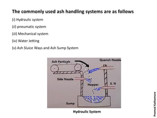 The commonly used ash handling systems are as follows
(i) Hydraulic system
(ii) pneumatic system
(iii) Mechanical system
(iv) Water Jetting
(v) Ash Sluice Ways and Ash Sump System
Hydraulic System
PramodKathamore
 