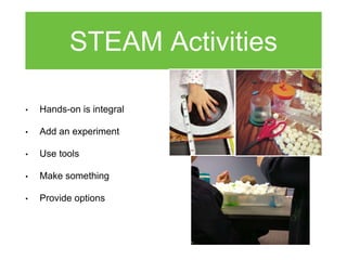 STEAM Activities
• Hands-on is integral
• Add an experiment
• Use tools
• Make something
• Provide options
 