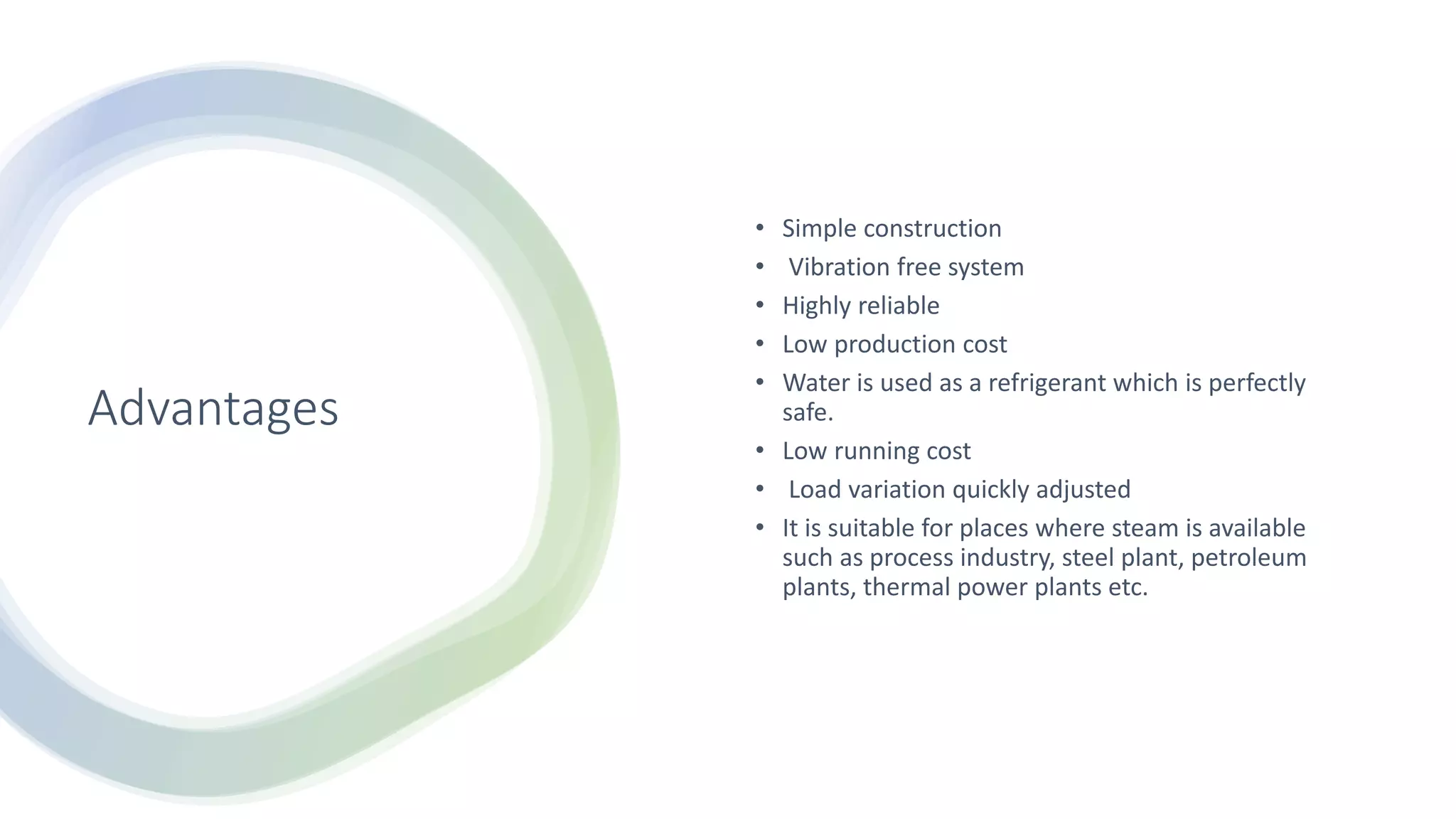 Advantages
• Simple construction
• Vibration free system
• Highly reliable
• Low production cost
• Water is used as a refrigerant which is perfectly
safe.
• Low running cost
• Load variation quickly adjusted
• It is suitable for places where steam is available
such as process industry, steel plant, petroleum
plants, thermal power plants etc.
 