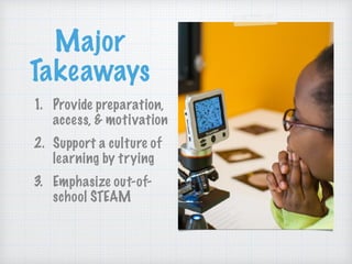 Major
Takeaways
1. Provide preparation,
access, & motivation
2. Support a culture of
learning by trying
3. Emphasize out-of-
school STEAM
 