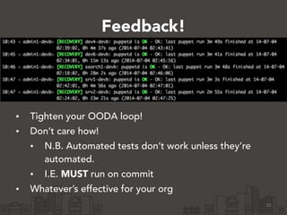 Feedback!
• Tighten your OODA loop!
• Don’t care how!
• N.B. Automated tests don’t work unless they’re
automated.
• I.E. MUST run on commit
• Whatever’s effective for your org
25
 