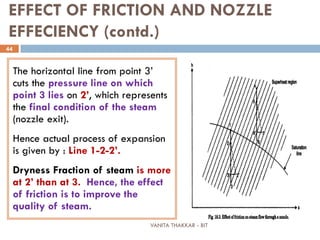 VANITA THAKKAR - BIT
44
EFFECT OF FRICTION AND NOZZLE
EFFECIENCY (contd.)
The horizontal line from point 3’
cuts the pressure line on which
point 3 lies on 2’, which represents
the final condition of the steam
(nozzle exit).
Hence actual process of expansion
is given by : Line 1-2-2’.
Dryness Fraction of steam is more
at 2’ than at 3. Hence, the effect
of friction is to improve the
quality of steam.
 