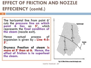 VANITA THAKKAR - BIT
46
EFFECT OF FRICTION AND NOZZLE
EFFECIENCY (contd.)
The horizontal line from point 6’
cuts the pressure line on which
point 6 lies on 5’, which
represents the final condition of
the steam (nozzle exit).
Hence actual process of
expansion is given by : Line 4-5-
5’.
Dryness Fraction of steam is
more at 5’ than at 6. Hence, the
effect of friction is to superheat
the steam.
 