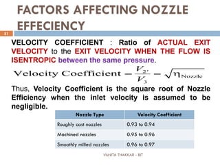 VANITA THAKKAR - BIT
51
FACTORS AFFECTING NOZZLE
EFFECIENCY
Nozzle Type Velocity Coefficient
Roughly cast nozzles 0.93 to 0.94
Machined nozzles 0.95 to 0.96
Smoothly milled nozzles 0.96 to 0.97
VELOCITY COEFFICIENT : Ratio of ACTUAL EXIT
VELOCITY to the EXIT VELOCITY WHEN THE FLOW IS
ISENTROPIC between the same pressure.
Thus, Velocity Coefficient is the square root of Nozzle
Efficiency when the inlet velocity is assumed to be
negligible.
2 '
Nozzle
3
Velocity Coefficient
V
V
= = η
 