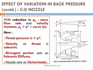 VANITA THAKKAR - BIT
69
EFFECT OF VARIATION IN BACK PRESSURE
(contd.) : C-D NOZZLE
With reduction in pb : mass
flow rate and velocity
increase; pb > p* – curve (a).
Here :
Throat pressure is > p*.
Velocity at throat is
subsonic.
Divergent portion acts as
Subsonic Diffuser.
Nozzle acts as Venturimeter.
 