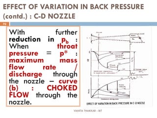 VANITA THAKKAR - BIT
70
EFFECT OF VARIATION IN BACK PRESSURE
(contd.) : C-D NOZZLE
With further
reduction in pb :
When throat
pressure = p* :
maximum mass
flow rate /
discharge through
the nozzle – curve
(b) : CHOKED
FLOW through the
nozzle.
 