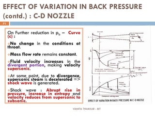 VANITA THAKKAR - BIT
71
EFFECT OF VARIATION IN BACK PRESSURE
(contd.) : C-D NOZZLE
On Further reduction in pb – Curve
(c) :
No change in the conditions at
throat.
Mass flow rate remains constant.
Fluid velocity increases in the
divergent portion, making velocity
supersonic.
At some point, due to divergence,
supersonic steam is decelerated =>
shock wave is generated.
Shock wave : Abrupt rise in
pressure, increase in entropy and
velocity reduces from supersonic to
subsonic.
 