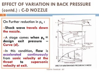 VANITA THAKKAR - BIT
72
EFFECT OF VARIATION IN BACK PRESSURE
(contd.) : C-D NOZZLE
On Further reduction in pb :
Shock wave travels down
the nozzle.
A stage comes when pb =
design exit pressure –
Curve (d).
In this condition, flow is
accelerated continuously
from sonic velocity at the
throat to supersonic
velocity at exit.
 