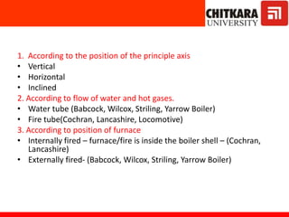1. According to the position of the principle axis
• Vertical
• Horizontal
• Inclined
2. According to flow of water and hot gases.
• Water tube (Babcock, Wilcox, Striling, Yarrow Boiler)
• Fire tube(Cochran, Lancashire, Locomotive)
3. According to position of furnace
• Internally fired – furnace/fire is inside the boiler shell – (Cochran,
Lancashire)
• Externally fired- (Babcock, Wilcox, Striling, Yarrow Boiler)
 
