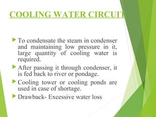 COOLING WATER CIRCUIT
 To condensate the steam in condenser
and maintaining low pressure in it,
large quantity of cooling water is
required.
 After passing it through condenser, it
is fed back to river or pondage.
 Cooling tower or cooling ponds are
used in case of shortage.
 Drawback- Excessive water loss
 