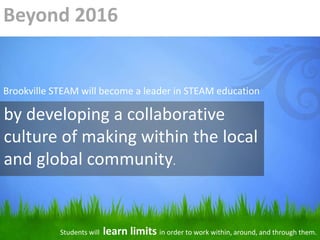 Beyond 2016
Students will learn limits in order to work within, around, and through them.
by developing a collaborative
culture of making within the local
and global community.
Brookville STEAM will become a leader in STEAM education
 