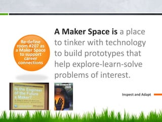 A Maker Space is a place
to tinker with technology
to build prototypes that
help explore-learn-solve
problems of interest.
Inspect and Adapt
Re-define
room #207 as
a Maker Space
to support
career
connections
 
