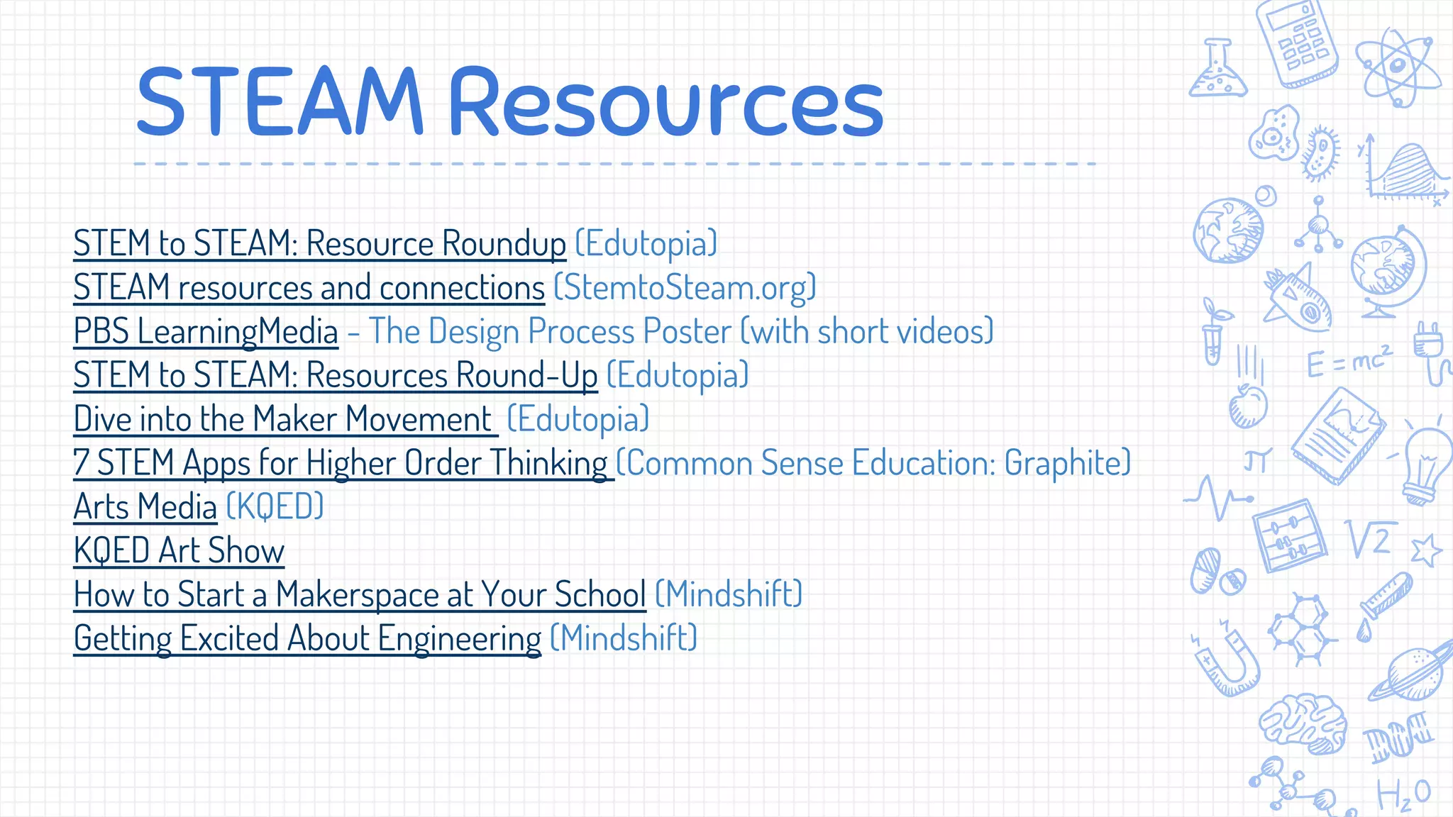 STEAM Resources
STEM to STEAM: Resource Roundup (Edutopia)
STEAM resources and connections (StemtoSteam.org)
PBS LearningMedia - The Design Process Poster (with short videos)
STEM to STEAM: Resources Round-Up (Edutopia)
Dive into the Maker Movement (Edutopia)
7 STEM Apps for Higher Order Thinking (Common Sense Education: Graphite)
Arts Media (KQED)
KQED Art Show
How to Start a Makerspace at Your School (Mindshift)
Getting Excited About Engineering (Mindshift)
 