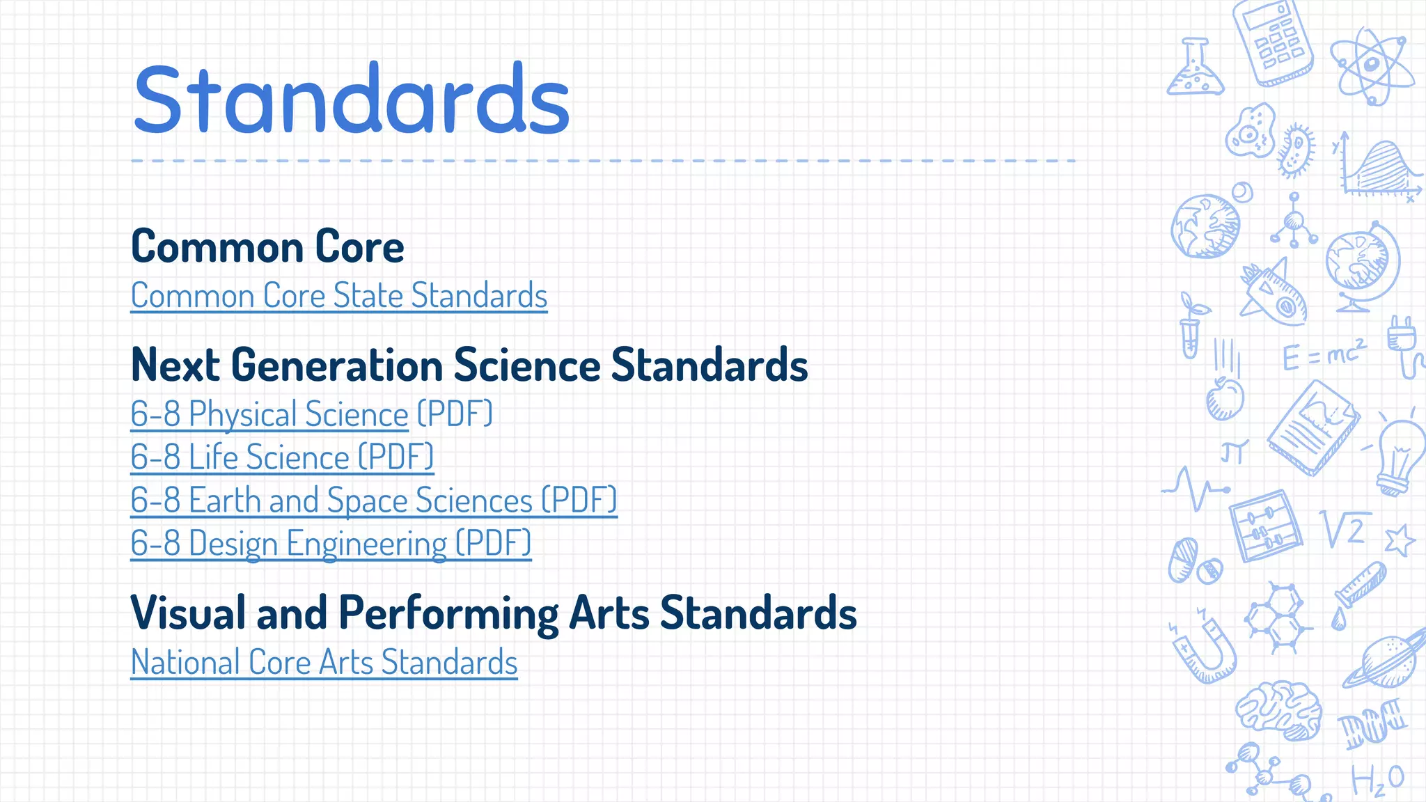 Standards
Common Core
Common Core State Standards
Next Generation Science Standards
6-8 Physical Science (PDF)
6-8 Life Science (PDF)
6-8 Earth and Space Sciences (PDF)
6-8 Design Engineering (PDF)
Visual and Performing Arts Standards
National Core Arts Standards
 