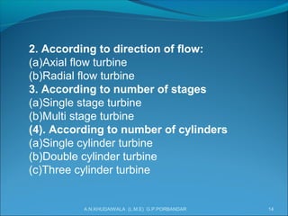 2. According to direction of flow:
(a)Axial flow turbine
(b)Radial flow turbine
3. According to number of stages
(a)Single stage turbine
(b)Multi stage turbine
(4). According to number of cylinders
(a)Single cylinder turbine
(b)Double cylinder turbine
(c)Three cylinder turbine
A.N.KHUDAIWALA (L.M.E) G.P.PORBANDAR 14
 