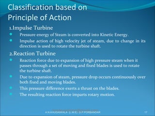 Classification based on
Principle of Action
1.Impulse Turbine
 Pressure energy of Steam is converted into Kinetic Energy.
 Impulse action of high velocity jet of steam, due to change in its
direction is used to rotate the turbine shaft.
2.Reaction Turbine
 Reaction force due to expansion of high pressure steam when it
passes through a set of moving and fixed blades is used to rotate
the turbine shaft.
 Due to expansion of steam, pressure drop occurs continuously over
both fixed and moving blades.
 This pressure difference exerts a thrust on the blades.
 The resulting reaction force imparts rotary motion.
msstevesimon@gmail.com 17A.N.KHUDAIWALA (L.M.E) G.P.PORBANDAR
 