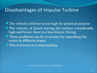 Disadvantages of Impulse Turbine
The velocity of Rotor is too high for practical purpose
The velocity of steam leaving the turbine considerably
high and hence there is a loss Kinetic Energy
These problems can be overcome by expanding the
steam in different stages.
This is known as Compounding.
22
A.N.KHUDAIWALA (L.M.E) G.P.PORBANDAR
 