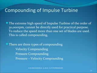Compounding of Impulse Turbine
The extreme high speed of Impulse Turbine of the order of
30,000rpm, cannot be directly used for practical purpose.
To reduce the speed more than one set of blades are used.
This is called compounding.
There are three types of compounding
Velocity Compounding
Pressure Compounding
Pressure – Velocity Compounding
31
A.N.KHUDAIWALA (L.M.E) G.P.PORBANDAR
 