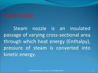Steam Nozzle
Steam nozzle is an insulated
passage of varying cross-sectional area
through which heat energy (Enthalpy),
pressure of steam is converted into
kinetic energy.
4A.N.KHUDAIWALA (L.M.E) G.P.PORBANDAR
 