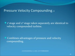 Pressure Velocity Compounding..3
1st
stage and 2nd
stage taken separately are identical to
velocity compounded turbine.
Combines advantages of pressure and velocity
compounding.
42
A.N.KHUDAIWALA (L.M.E) G.P.PORBANDAR
 